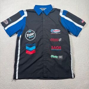 Eversole‎ Run Racing Shirt Mens L Black Blue NASCAR Mobil 1 Multi-Logo Racing